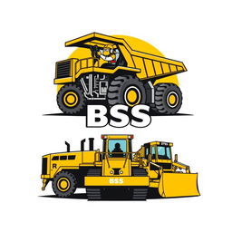 A logo design featuring an operator driving a mining truck 785, a PC2000 excavator, and a 375 bulldozer, all labeled with 'BSS'