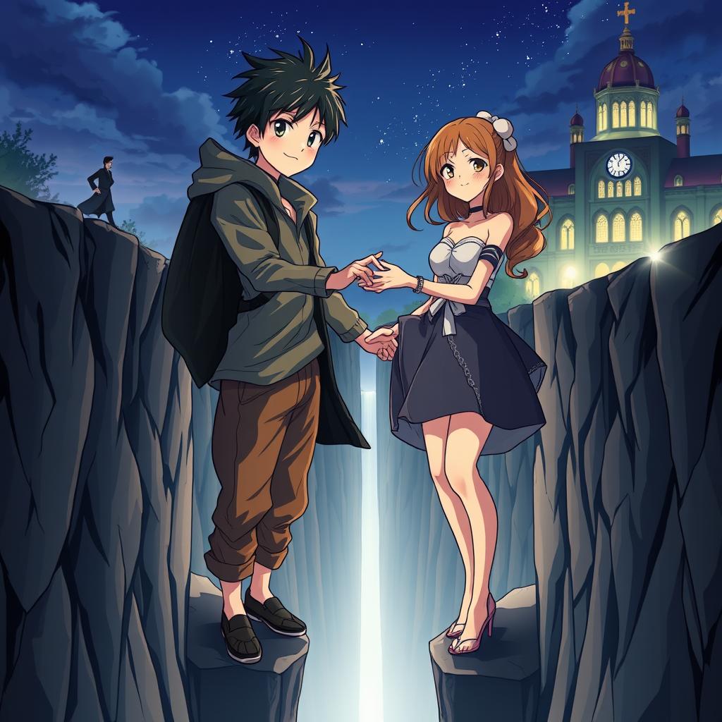 Create an anime style cover showing a young man and woman standing on opposite sides of a deep chasm, symbolizing a social divide