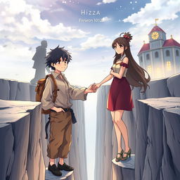 Create an anime style cover showing a young man and woman standing on opposite sides of a deep chasm, symbolizing a social divide