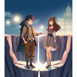 Create an anime style cover showing a young man and woman standing on opposite sides of a deep chasm, symbolizing a social divide