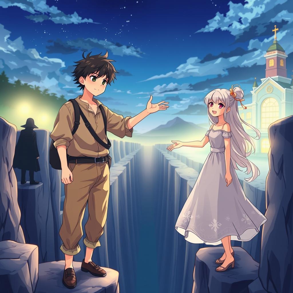 Create an anime style cover showing a young man and woman standing on opposite sides of a deep chasm, symbolizing a social divide