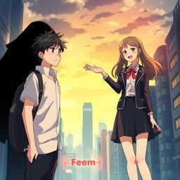 Create an anime-style cover showing a young man and woman standing on opposite sides of a city with huge contrast colors (dark on the man and bright on the woman), symbolizing a social divide