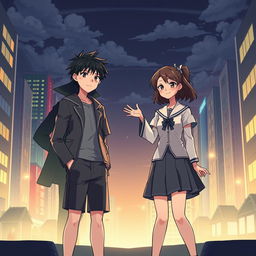 Create an anime-style cover showing a young man and woman standing on opposite sides of a city with huge contrast colors (dark on the man and bright on the woman), symbolizing a social divide