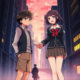 Create an anime-style cover showing a young man and woman standing on opposite sides of a city with huge contrast colors (dark on the man and bright on the woman), symbolizing a social divide