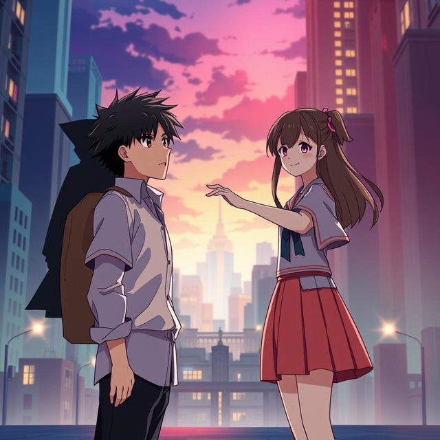 Create an anime-style cover showing a young man and woman standing on opposite sides of a city with huge contrast colors (dark on the man and bright on the woman), symbolizing a social divide