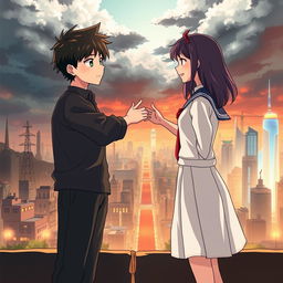 Create an anime-style cover showing a young man and woman standing on opposite sides of a city with huge contrast colors (dark on the man and bright on the woman), symbolizing a social divide