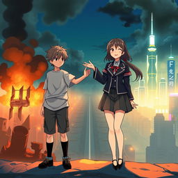 Create an anime-style cover showing a young man and woman standing on opposite sides of a city with huge contrast colors (dark on the man and bright on the woman), symbolizing a social divide