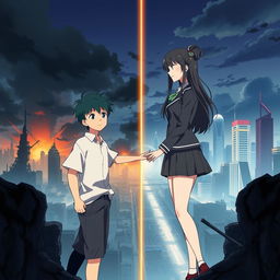 Create an anime-style cover showing a young man and woman standing on opposite sides of a city with huge contrast colors (dark on the man and bright on the woman), symbolizing a social divide