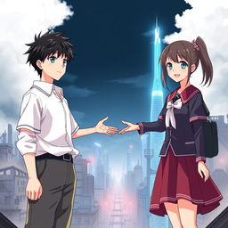 Create an anime-style cover showing a young man and woman standing on opposite sides of a city with huge contrast colors (dark on the man and bright on the woman), symbolizing a social divide