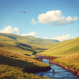 A serene landscape with rolling green hills, a clear blue sky, and a few fluffy white clouds