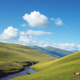 A serene landscape with rolling green hills, a clear blue sky, and a few fluffy white clouds