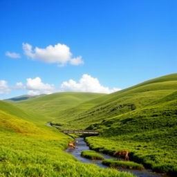 A serene landscape with rolling green hills, a clear blue sky, and a few fluffy white clouds