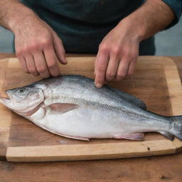 A skilled fisherman expertly filleting a fresh fish on a well-worn wooden cutting board.