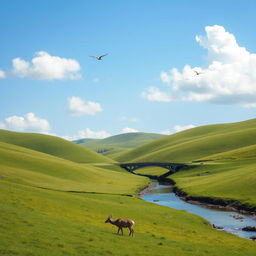 A serene landscape with rolling green hills, a clear blue sky, and a few fluffy white clouds