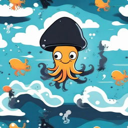 A cartoon squid releasing a cloud of black ink in the ocean