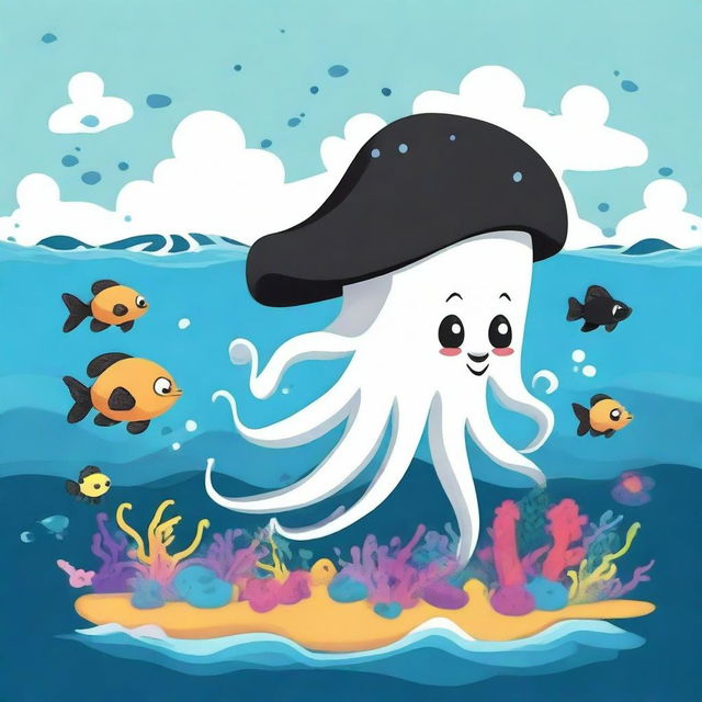 A cartoon squid releasing a cloud of black ink in the ocean