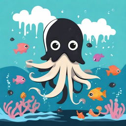 A cartoon squid releasing a cloud of black ink in the ocean