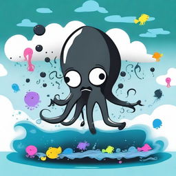 A cartoon squid releasing a cloud of black ink in the ocean