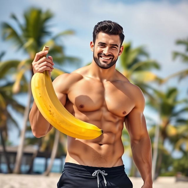 A handsome, muscular man with defined abs, holding a large banana in his hand