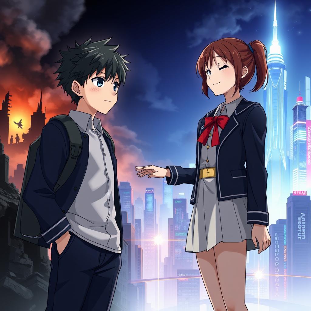 Create an anime-style cover showing a young man and woman standing on opposite sides of a city with huge contrast colors (dark on the man and bright on the woman), symbolizing a social divide