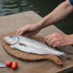 A skilled fisherman expertly filleting a fresh fish on a well-worn wooden cutting board.