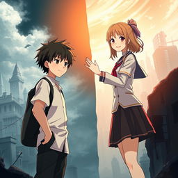 Create an anime-style cover showing a young man and woman standing on opposite sides of a city with huge contrast colors (dark on the man and bright on the woman), symbolizing a social divide