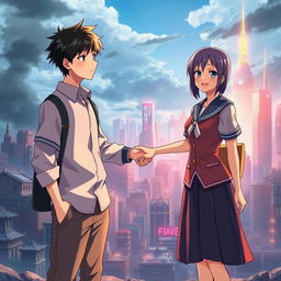 Create an anime-style cover showing a young man and woman standing on opposite sides of a city with huge contrast colors (dark on the man and bright on the woman), symbolizing a social divide