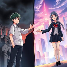 Create an anime-style cover showing a young man and woman standing on opposite sides of a city with huge contrast colors (dark on the man and bright on the woman), symbolizing a social divide