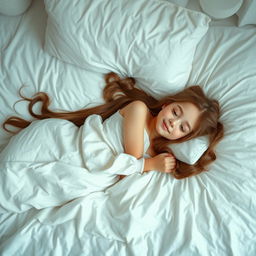 A beautiful girl lying on a bed, full body shot