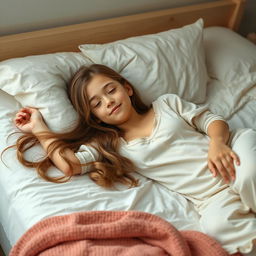 A beautiful girl lying on a bed, full body shot