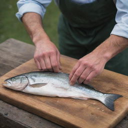 A skilled fisherman expertly filleting a fresh fish on a well-worn wooden cutting board.