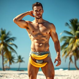 A handsome, muscular man with defined abs, standing confidently on a tropical beach