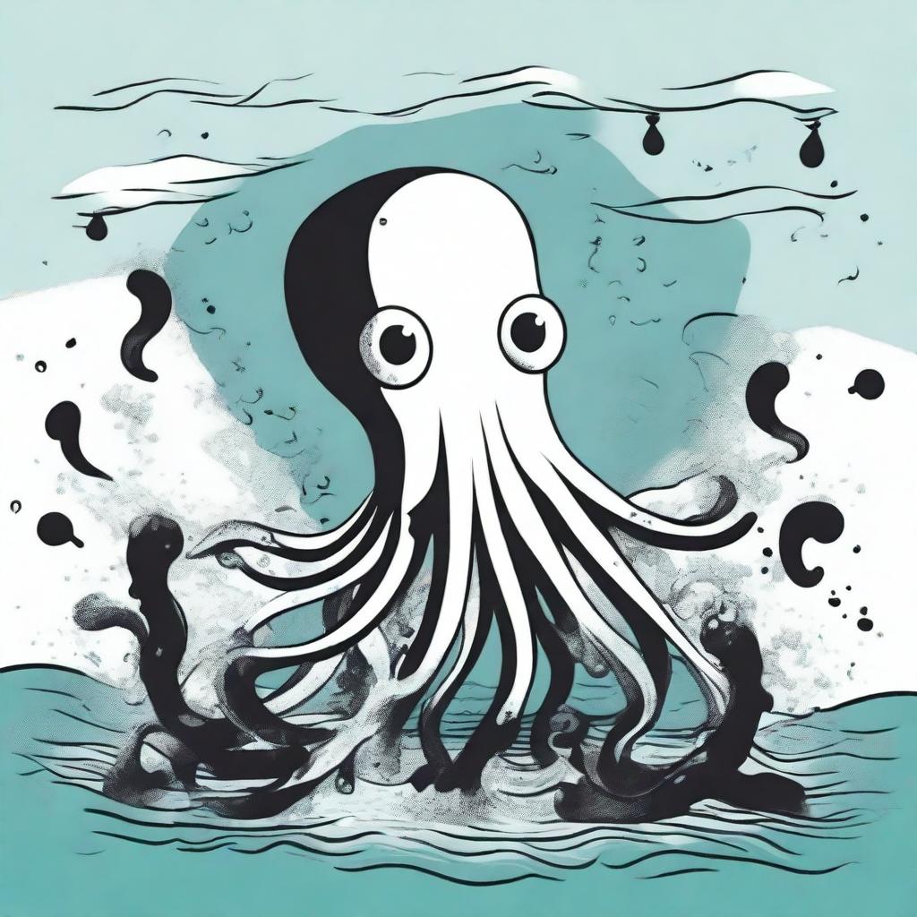 A cartoonish squid releasing a black ink attack in the ocean