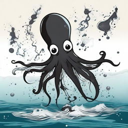 A cartoonish squid releasing a black ink attack in the ocean