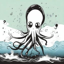 A cartoonish squid releasing a black ink attack in the ocean