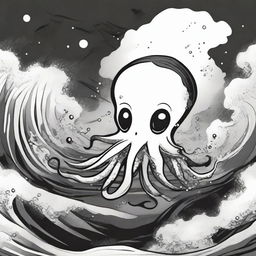 A cartoonish squid releasing a black ink attack in the ocean