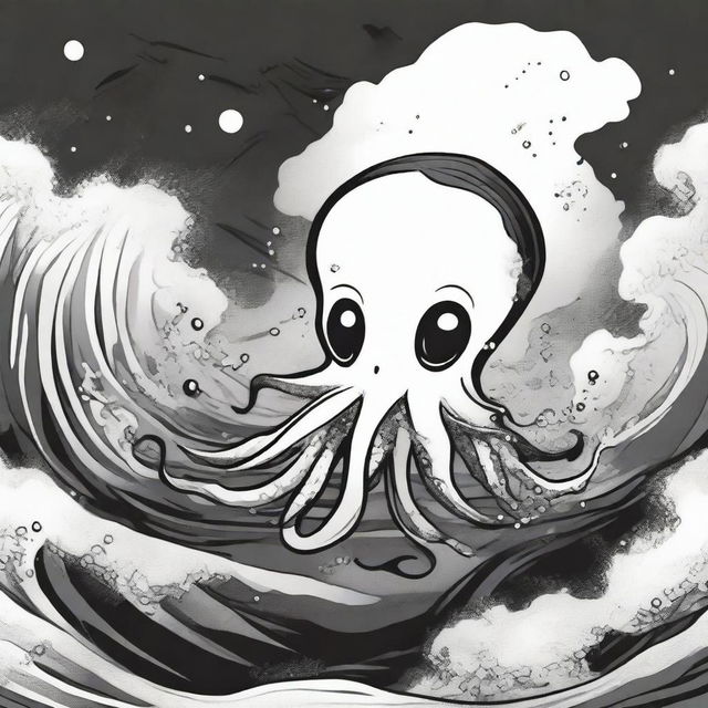 A cartoonish squid releasing a black ink attack in the ocean