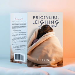 A book cover design featuring a calming, cozy scene with a person wrapped in a weighted blanket