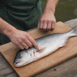 A skilled fisherman expertly filleting a fresh fish on a well-worn wooden cutting board.