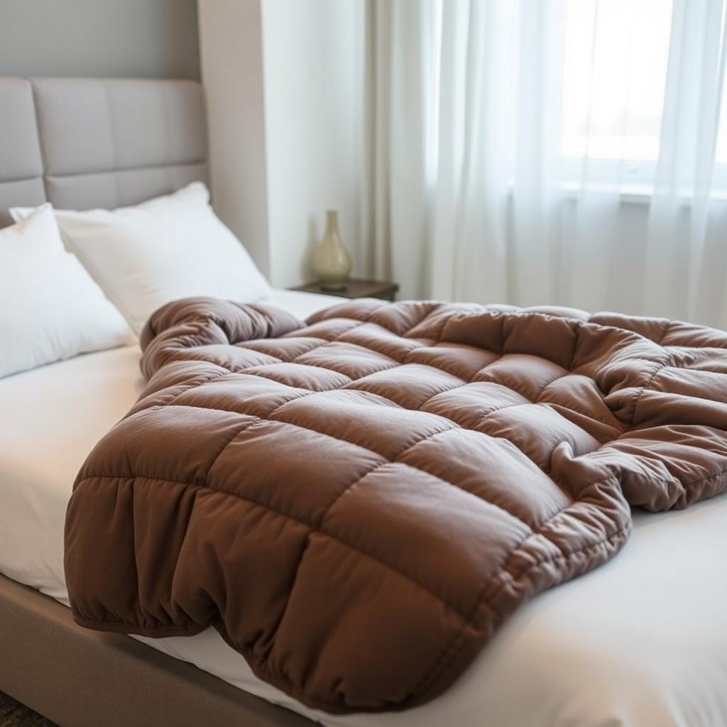 A cozy and comfortable weighted blanket, draped over a neatly made bed in a modern bedroom