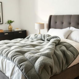 A cozy and comfortable weighted blanket, draped over a neatly made bed in a modern bedroom