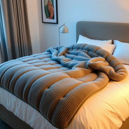 A cozy and comfortable weighted blanket, draped over a neatly made bed in a modern bedroom