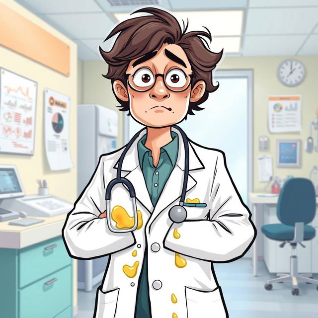 A humorous and quirky illustration of a gynecologist with an oil stain on their coat