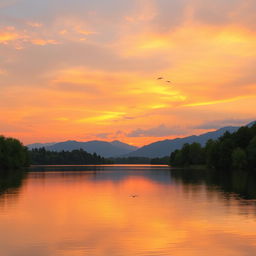 A serene landscape featuring a beautiful sunset over a calm lake, surrounded by lush green trees and distant mountains