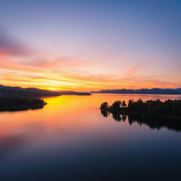 A serene landscape featuring a beautiful sunset over a calm lake, surrounded by lush green trees and distant mountains