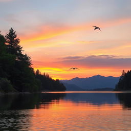 A serene landscape featuring a beautiful sunset over a calm lake, surrounded by lush green trees and distant mountains