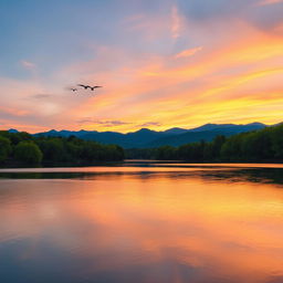 A serene landscape featuring a beautiful sunset over a calm lake, surrounded by lush green trees and distant mountains