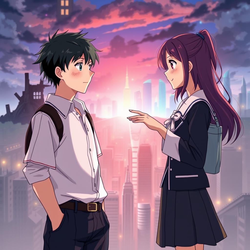 Create an anime-style cover showing a young man and woman standing on opposite sides of a city with huge contrast colors (dark on the man and bright on the woman), symbolizing a social divide