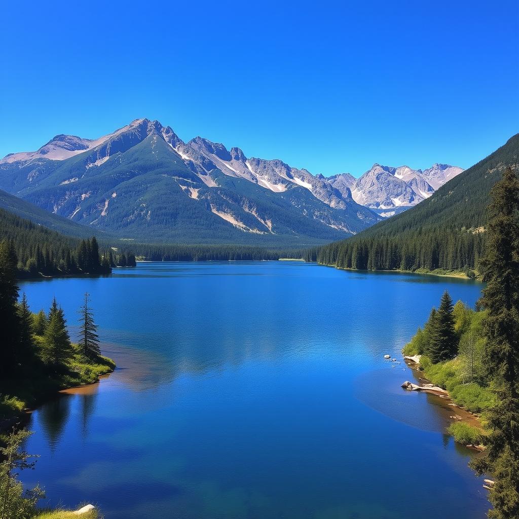 A beautiful landscape featuring a serene lake surrounded by lush green forests and majestic mountains under a clear blue sky