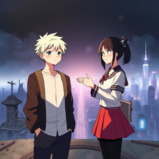 Create an anime-style cover showing a young man and woman standing on opposite sides of a city with huge contrast colors (dark on the man and bright on the woman), symbolizing a social divide